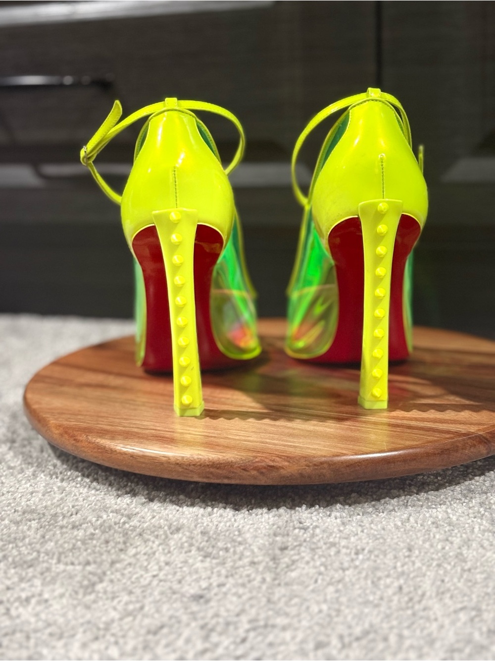 Christian Louboutin Neon Yellow Iridescent Pointed-Toe Ankle-Strap Heels - Picture 4 of 14